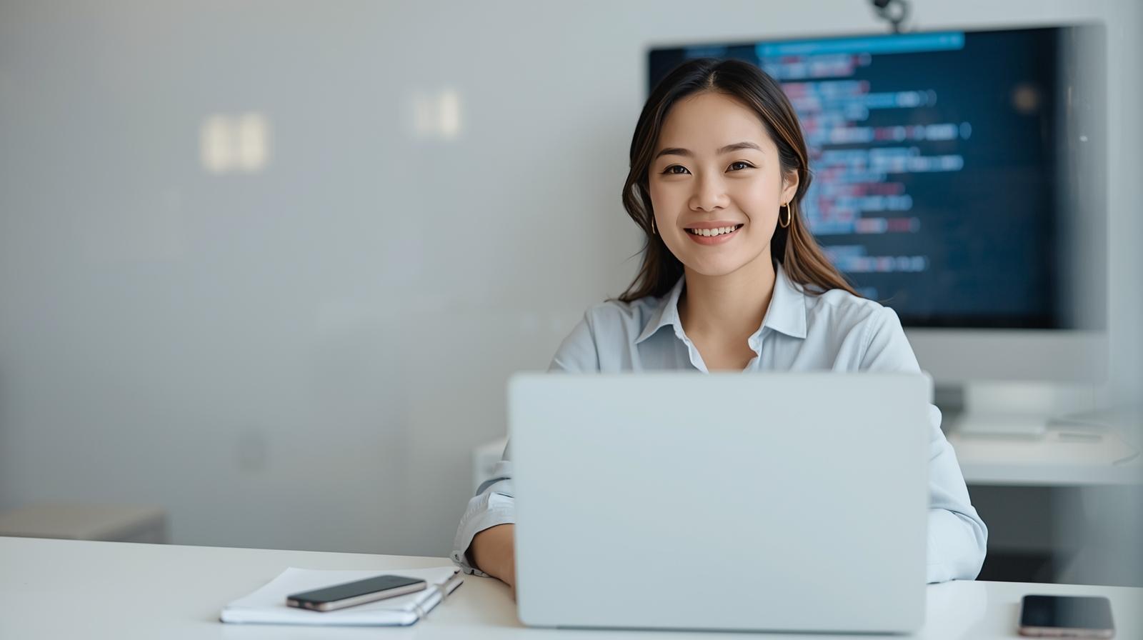 Professional researching public data on laptop in bright workspace with blurred screens.
