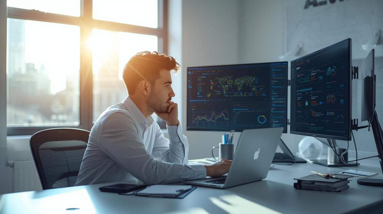 Cybersecurity expert monitors ERP system in sunlit modern office, focused and happy.